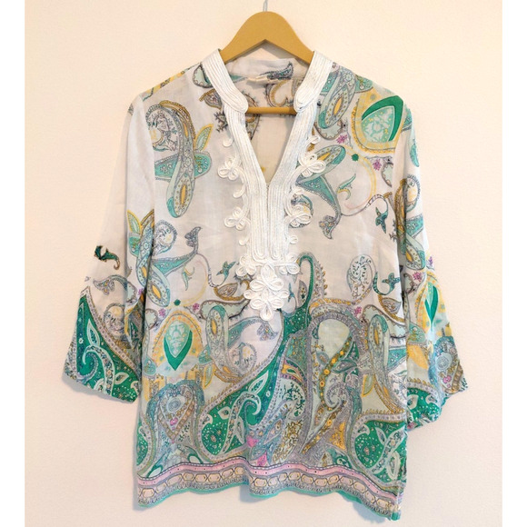 Charter Club Tops - Charter Club Luxury Womens M Tunic Top 100% Linen Paisley Embellished Resort